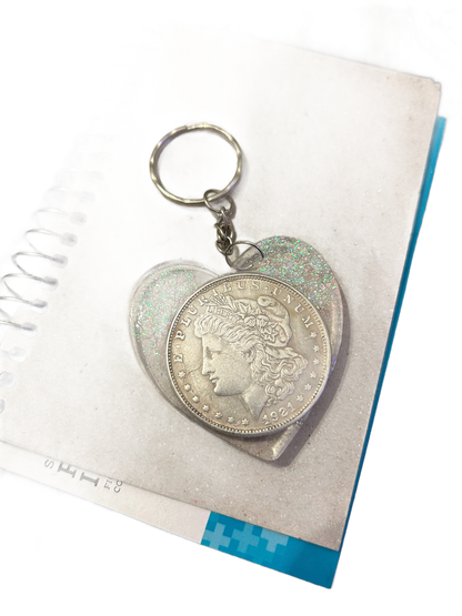 Vintage Silver Dollar Keychain Heart and Rounded On the Chain